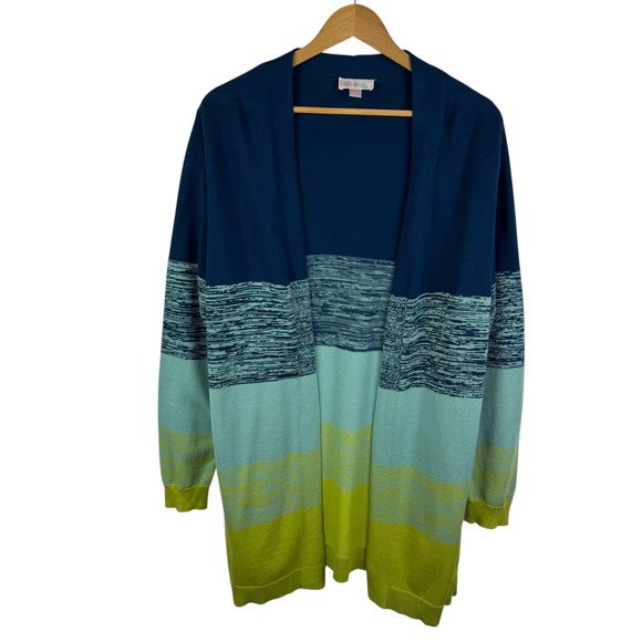 Belle Kim Gravel Open Front‎ Cardigan Medium Colorblock Striped Knit Sweater - Picture 1 of 7